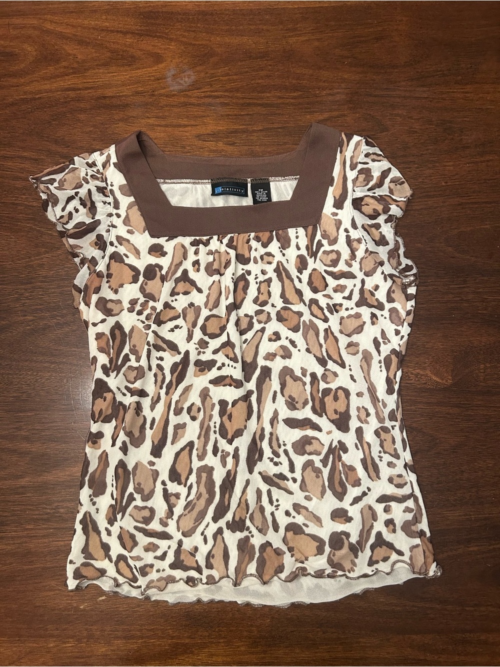 Relativity Brown and Cream Leopard-Print Square Neck Cap Sleeve Top